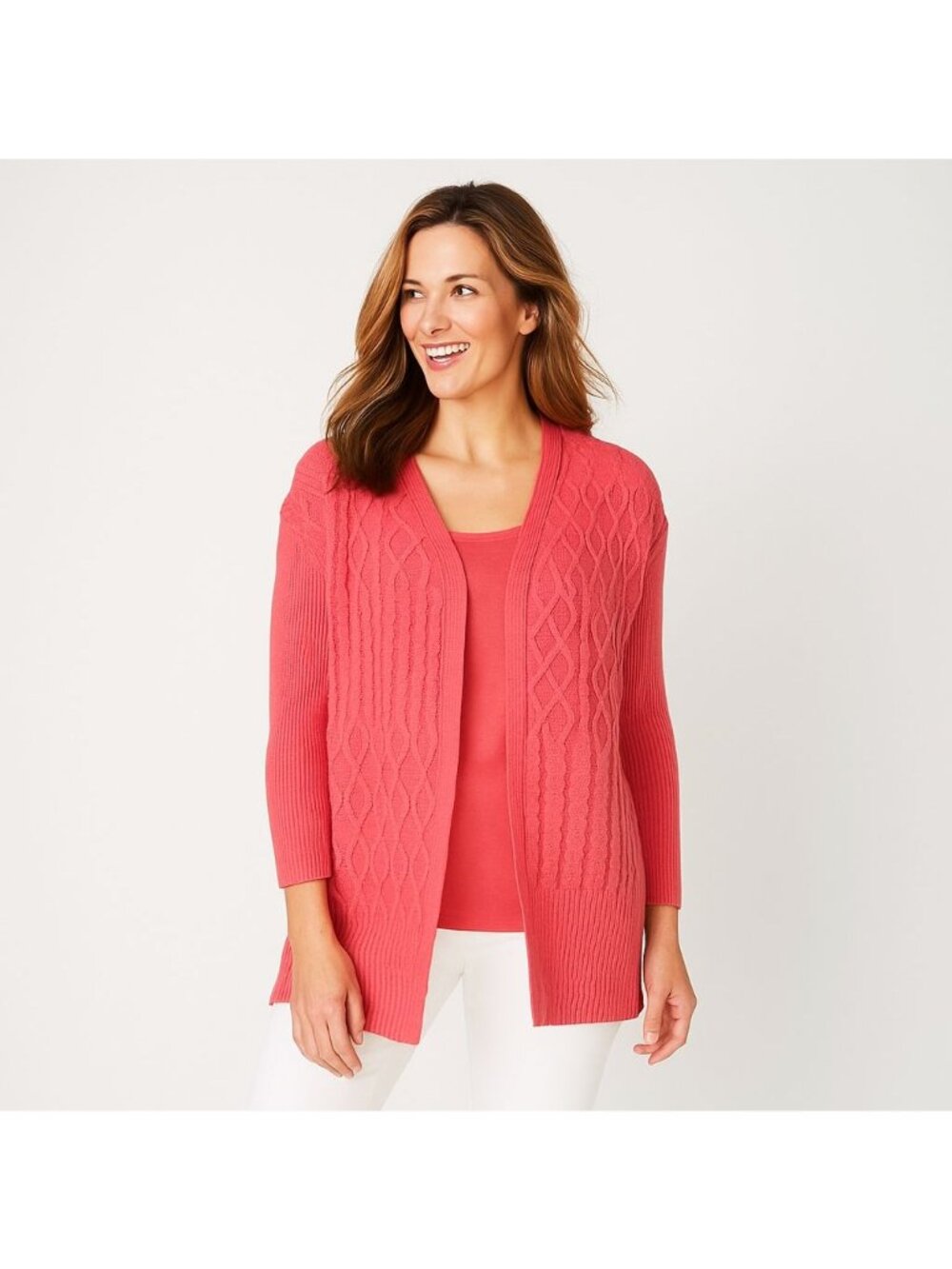 Chicos Womens Cable Stitch Cardigan Sweater Wool Cashmere Blend Pink Size 2 | L